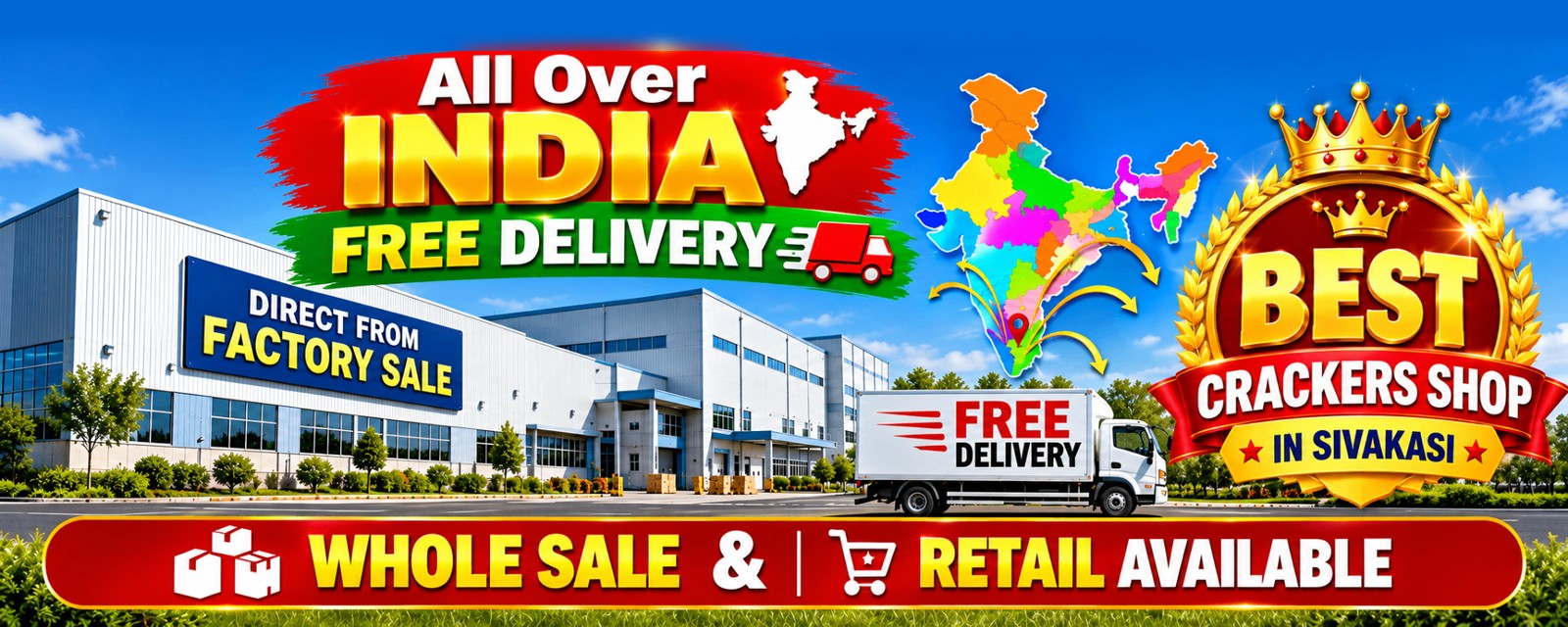 Free delivery all over India, direct from factory sale, wholesale and retail available. Best crackers shop in Sivakasi.